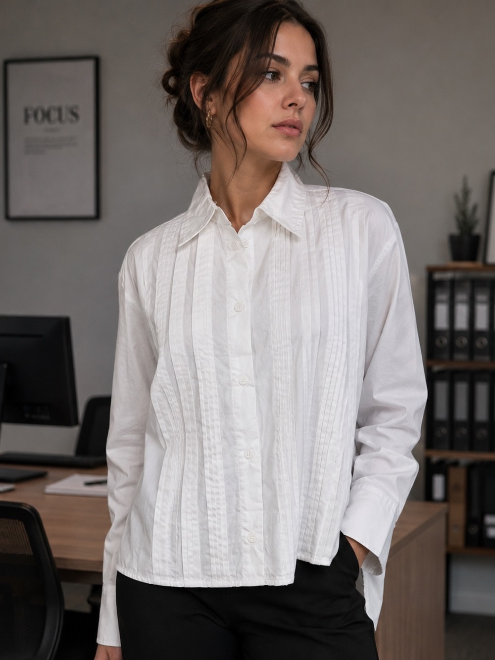 84) French Connection White Pintuck Button-Up Blouse. Ptp 23